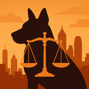 Dog silhouette balanced on scales of justice against Atlanta skyline illustrating dog bite ordinances