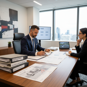 Professional attorney reviewing truck accident case files and liability documentation at law office desk