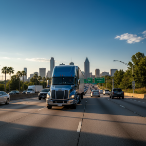 Professional 18-wheeler semi-truck driving on Atlanta highway showing commercial trucking scale and traffic conditions