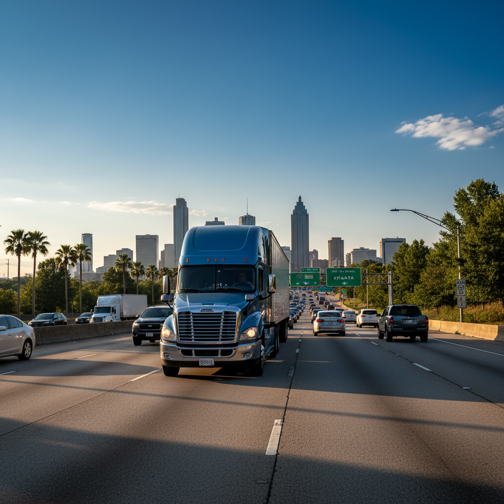 Professional 18-wheeler semi-truck driving on Atlanta highway showing commercial trucking scale and traffic conditions