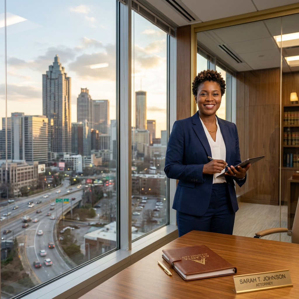 Professional female attorney in Atlanta law office overlooking downtown skyline