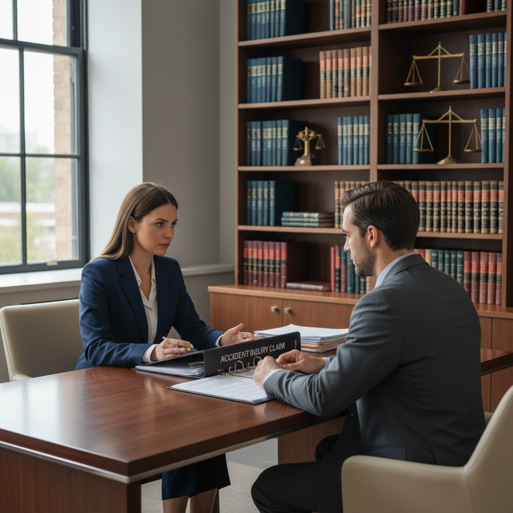 Professional accident attorney discussing case strategy with client during initial consultation