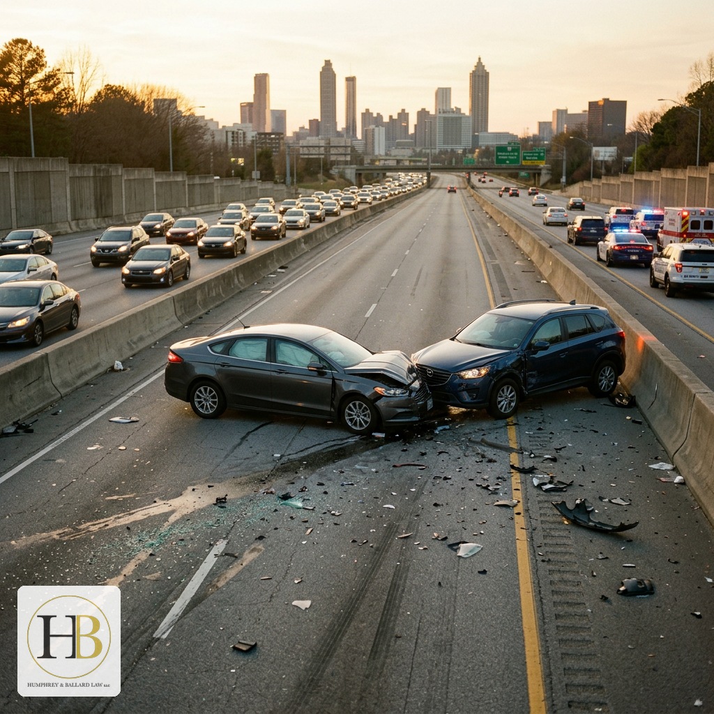 Atlanta Car Accident Lawyer | What You Need to Know | Humphrey & Ballard Law Atlanta car accident lawyer — serious crash scene on Georgia highway, Humphrey and Ballard Law