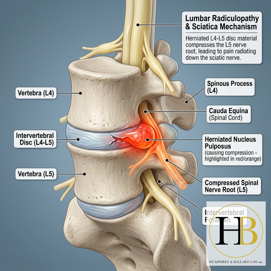 Lumbar spine anatomy showing herniated disc compressing nerve root causing radiculopathy
