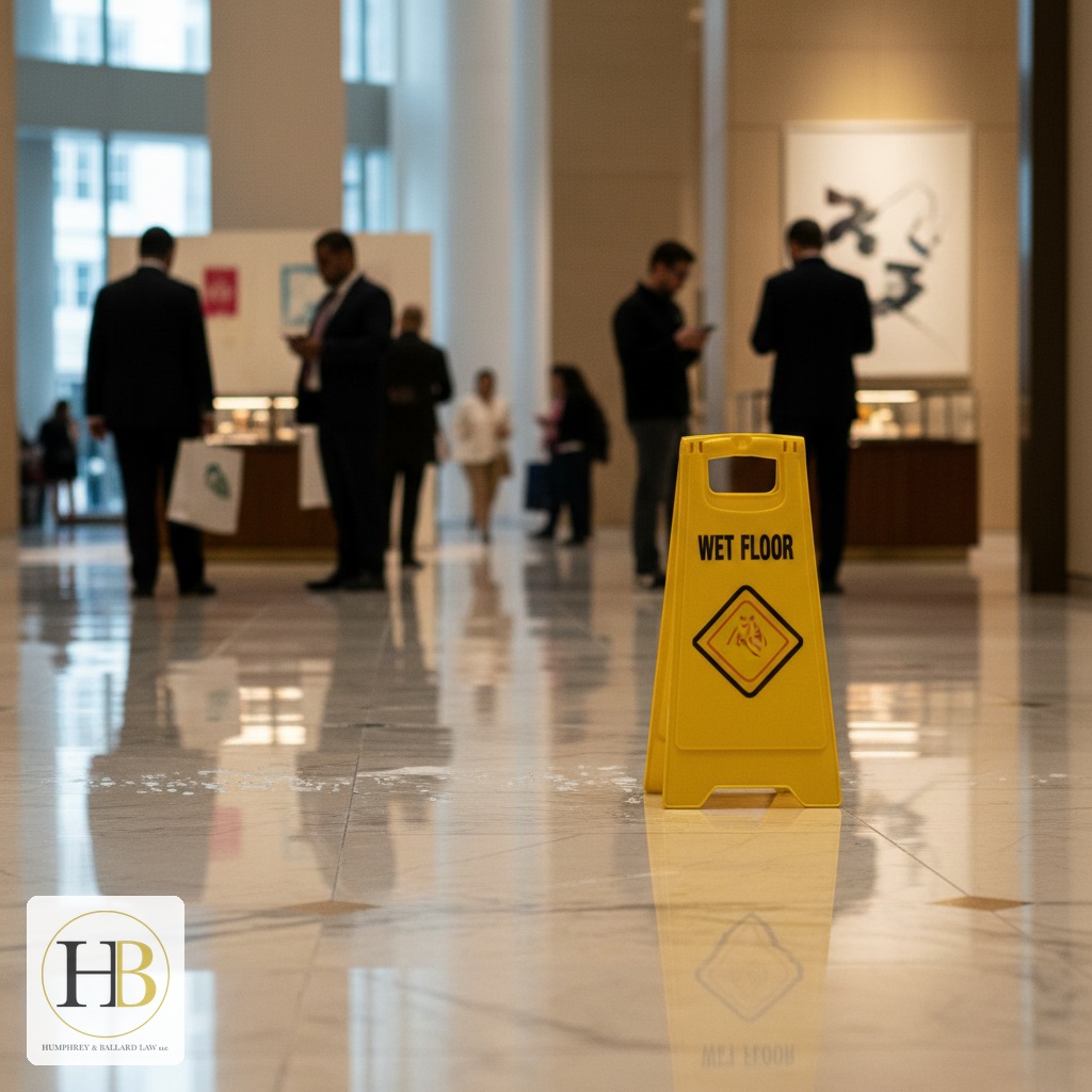 Atlanta slip and fall attorney — wet floor hazard in commercial building, Humphrey and Ballard Law Georgia