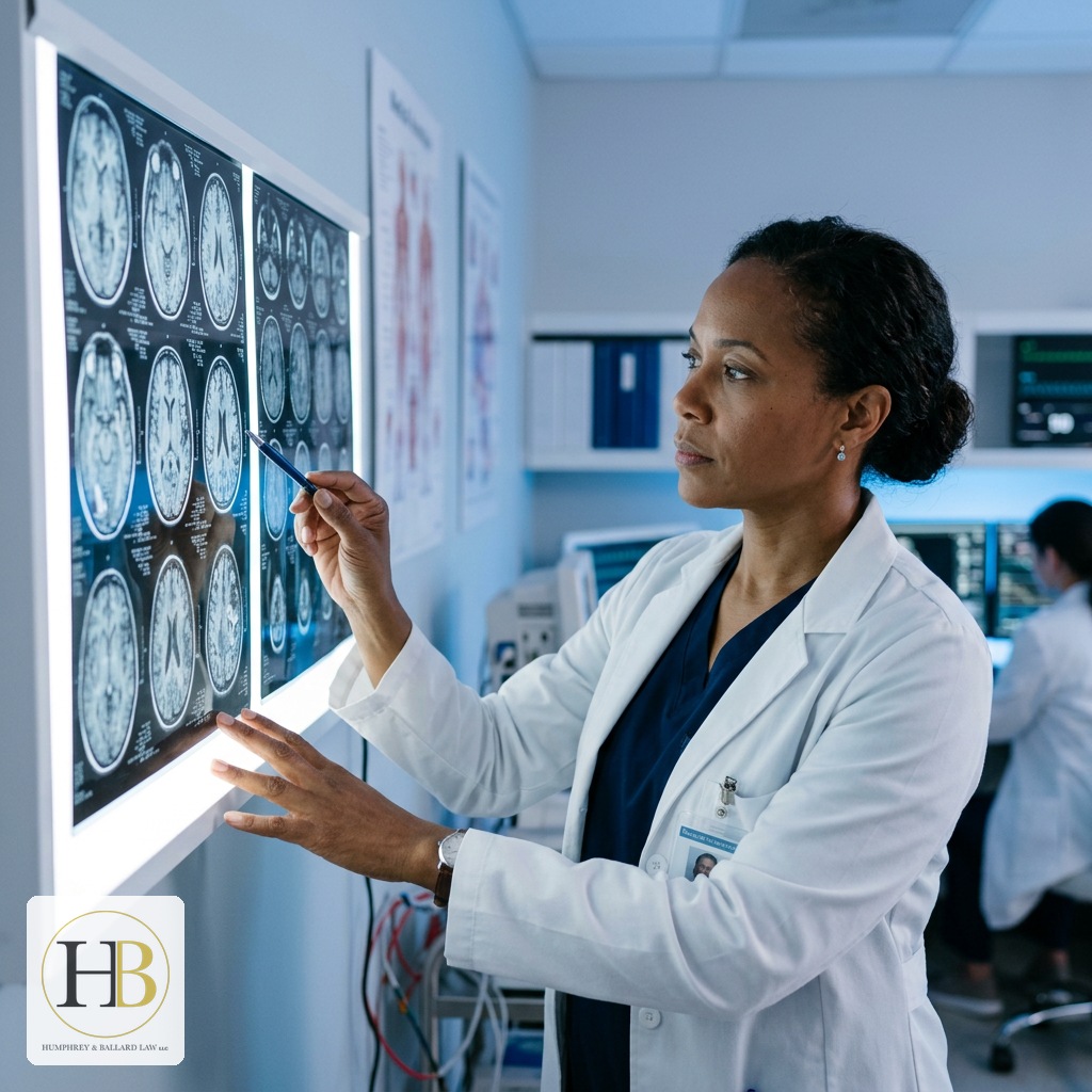 Atlanta traumatic brain injury attorney reviewing brain MRI scan — Humphrey and Ballard Law