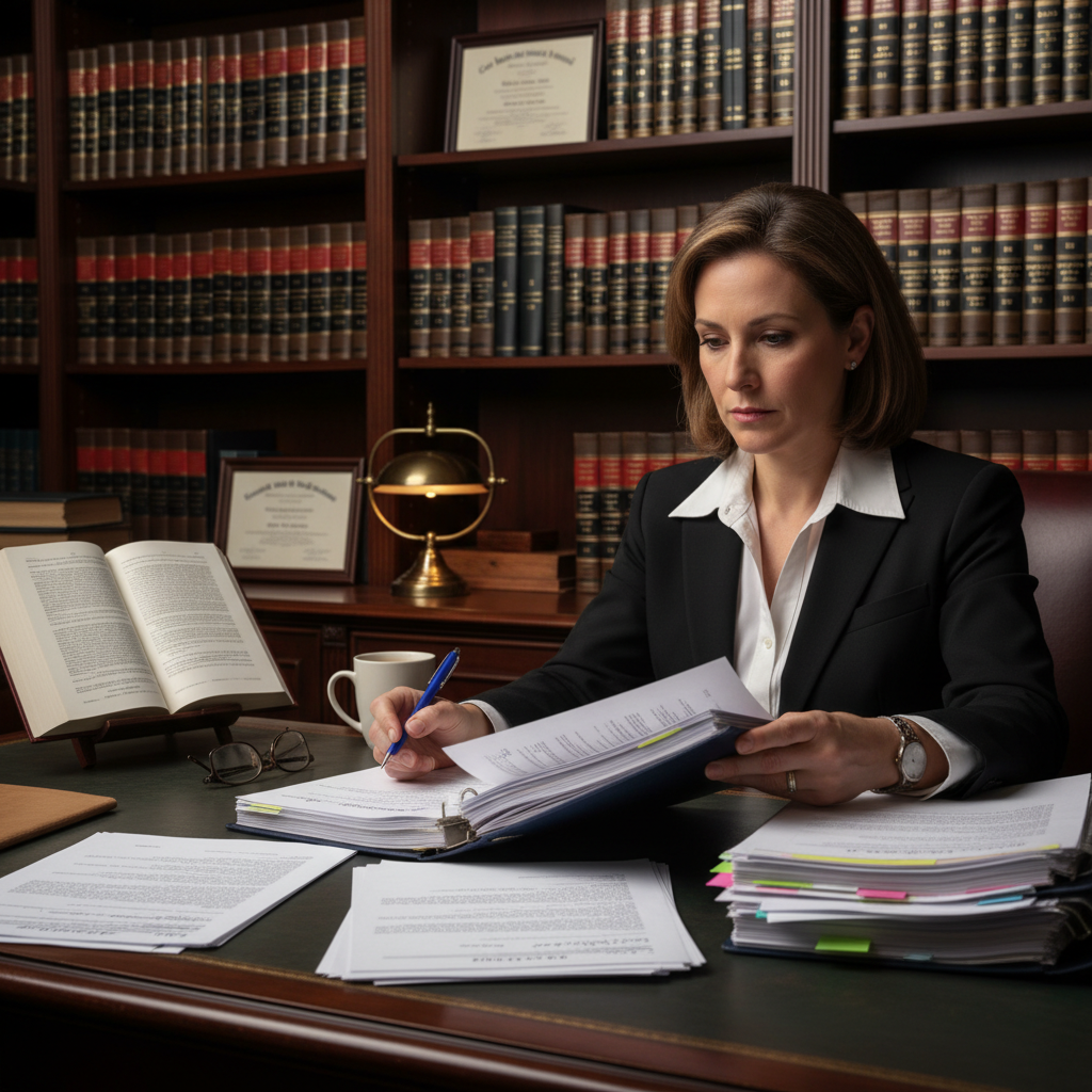 attorney reviewing case documents and medical records