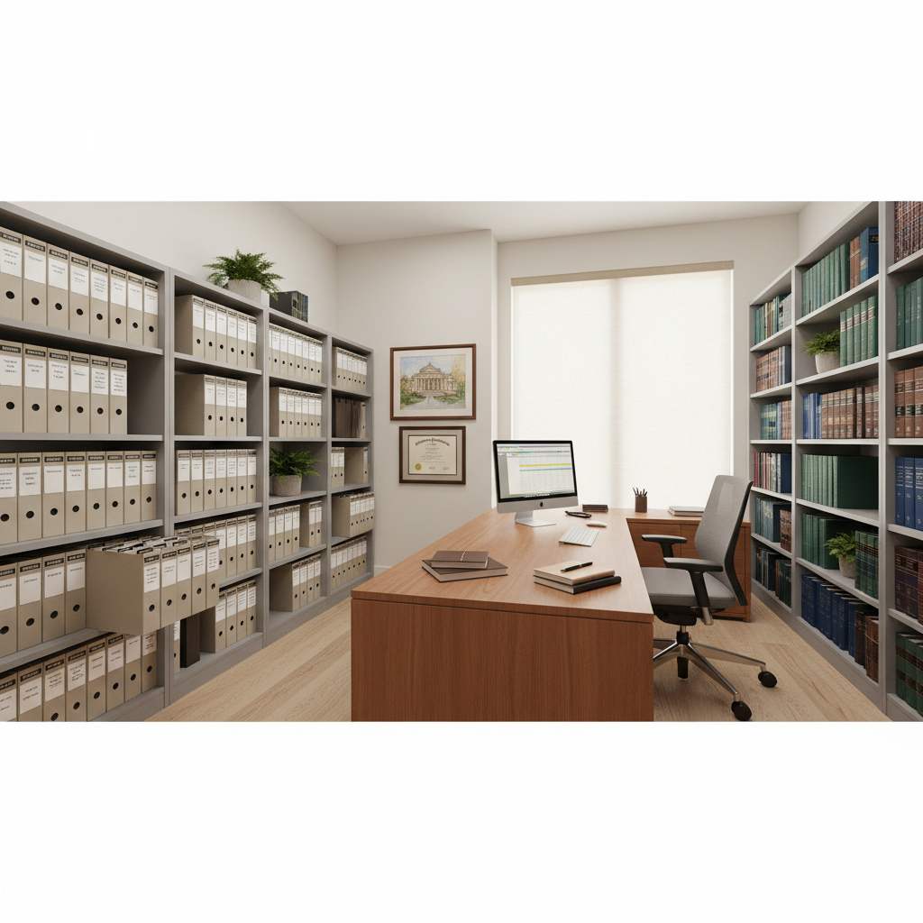 Organized office workspace with medical case files, injury documentation folders, and professional legal environment showing case management systems
