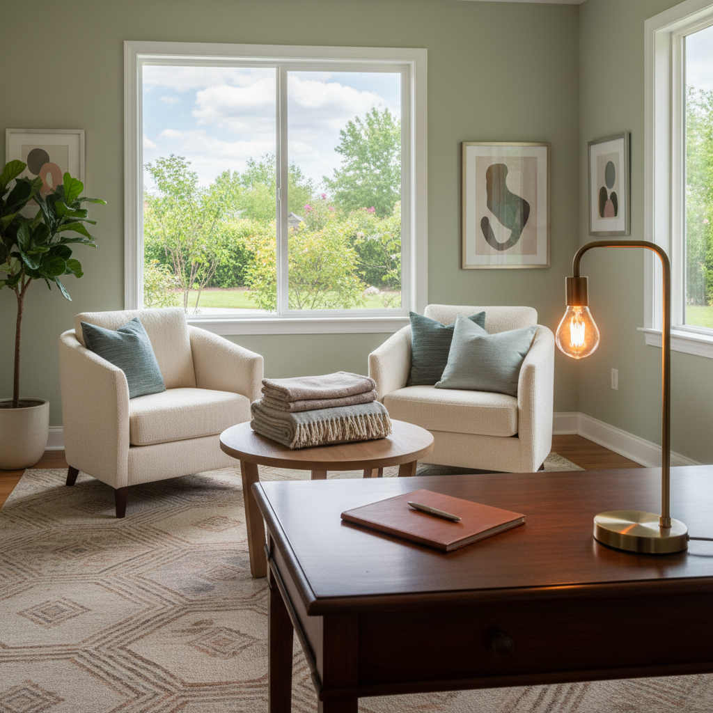 Professional therapist office environment showing mental health support space for emotional distress recovery