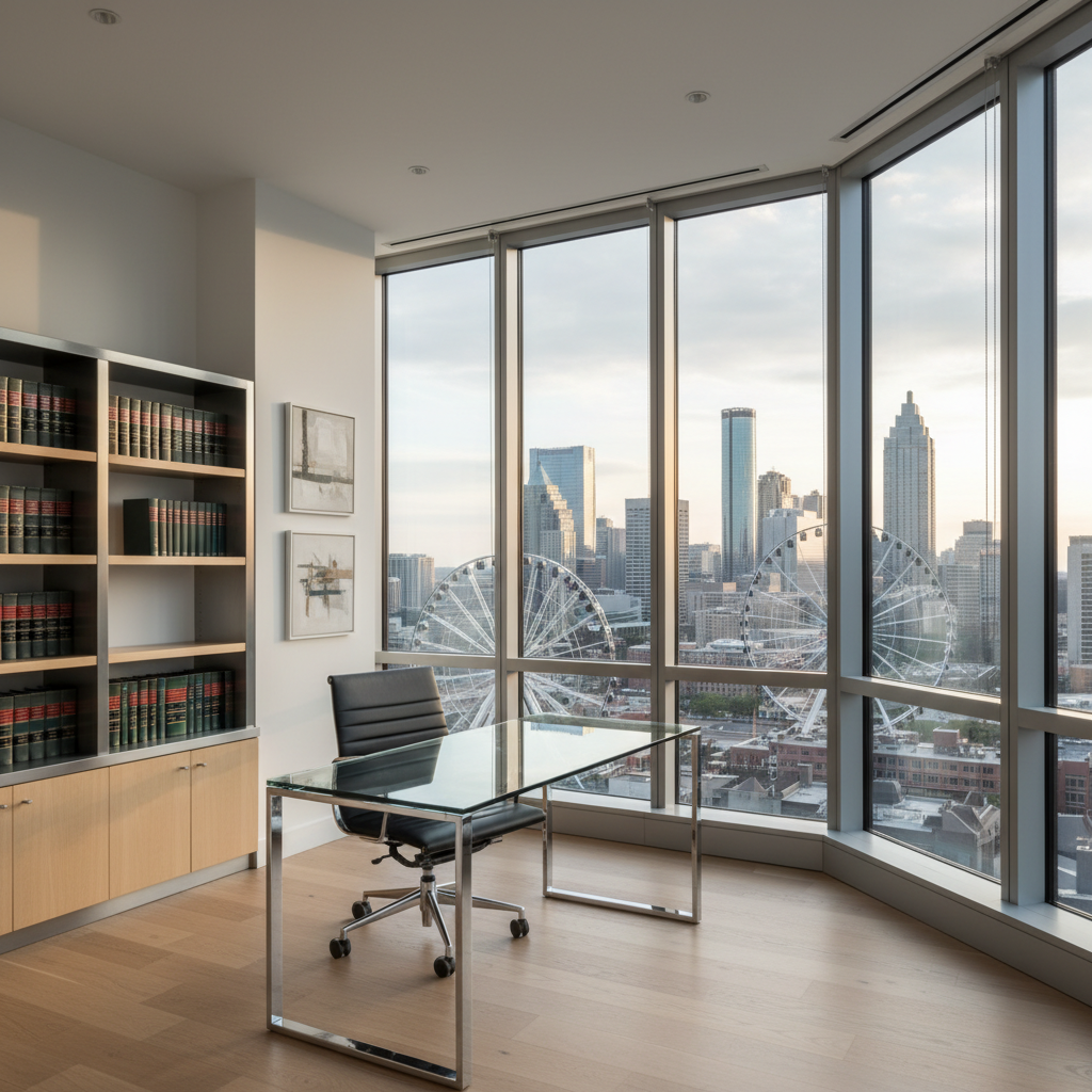 Professional Atlanta law office with glass desk and skyline view
