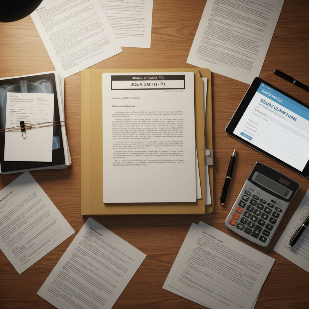 Personal injury case file with medical documents and legal paperwork on desk