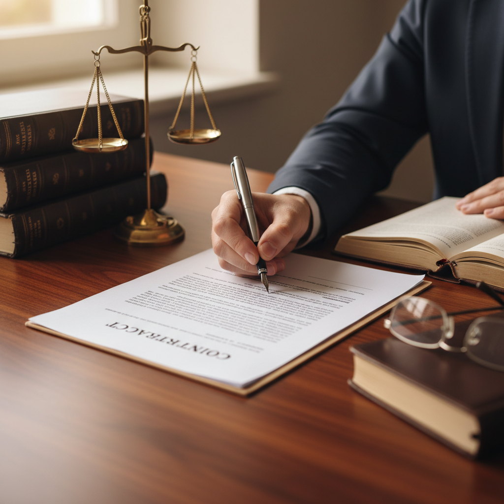 Attorney signing legal documents at desk with law books and scales of justice