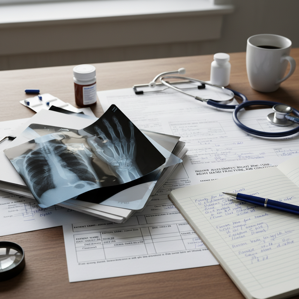 Close-up of medical records, x-rays, clinical notes, and legal documentation for personal injury case evaluation in Atlanta