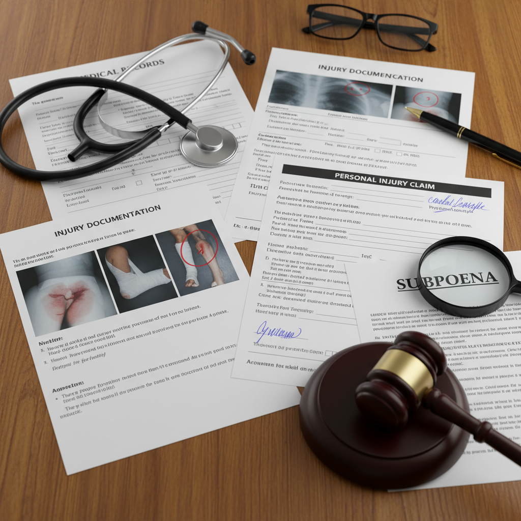 Personal injury medical records, claim forms, and documentation spread on attorney desk