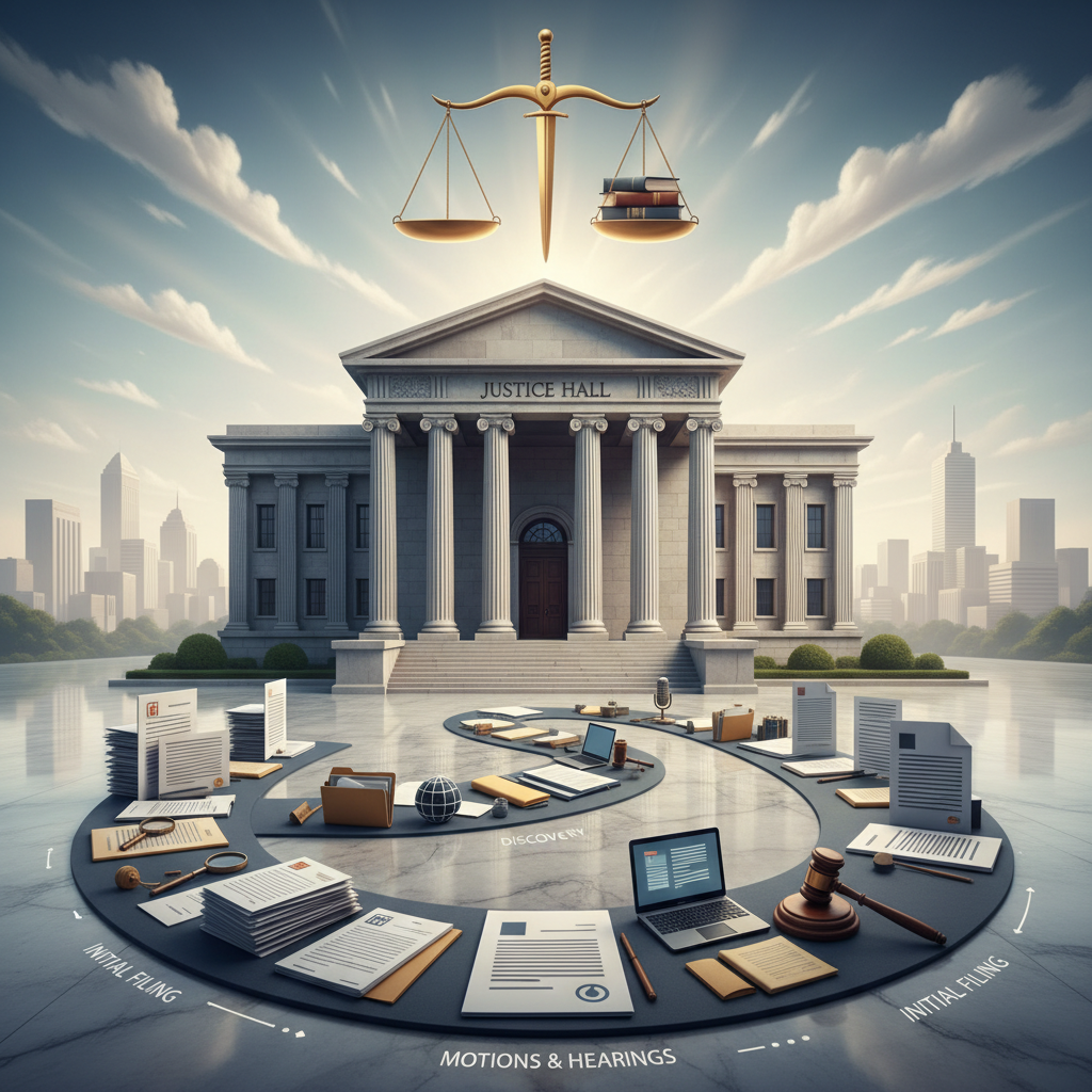 Legal case progression flowchart showing injury claim steps from consultation to settlement