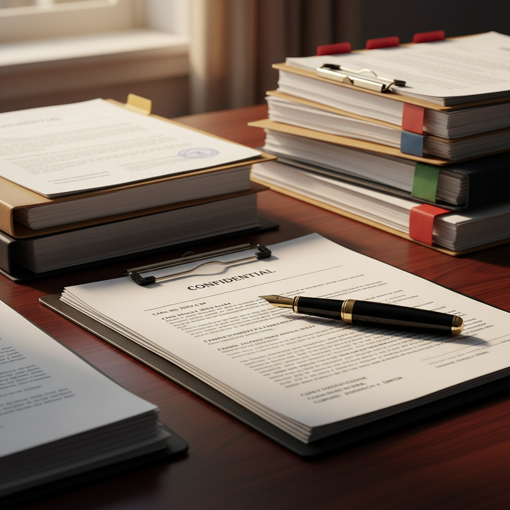 Legal documents and case files organized on attorney desk with gold lighting