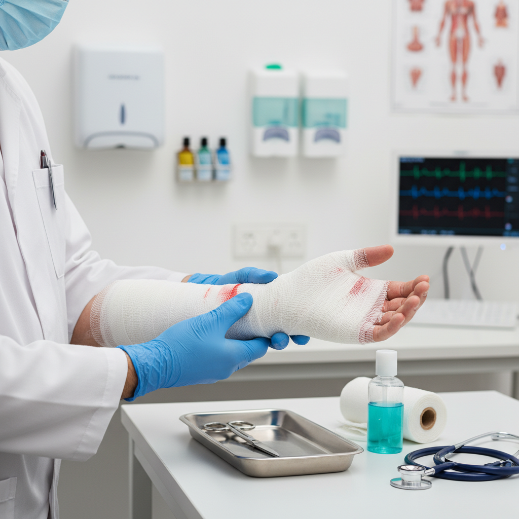 Healthcare professional examining workplace injury with medical assessment tools