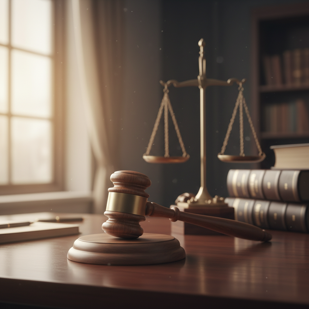 Gavel and scales of justice in courtroom setting representing legal compensation