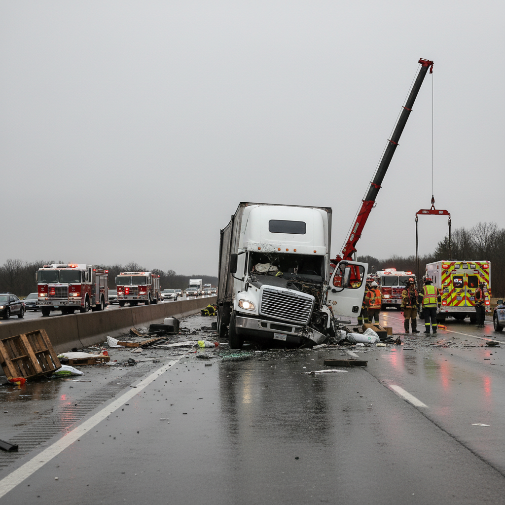 Aftermath of a serious 18-wheeler truck accident on a Georgia highway with emergency response vehicles at the scene