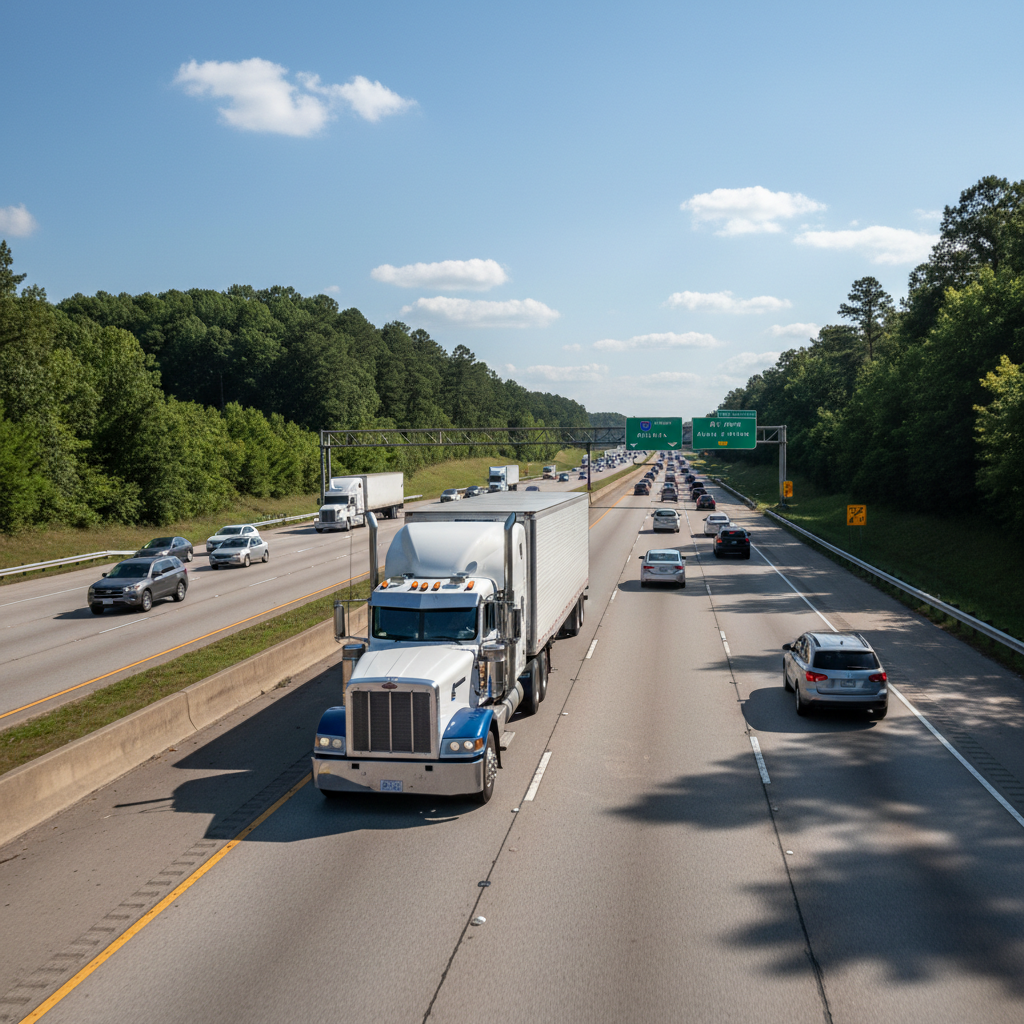Semi truck traveling on busy Georgia interstate highway with clear road markings and multiple vehicles visible
