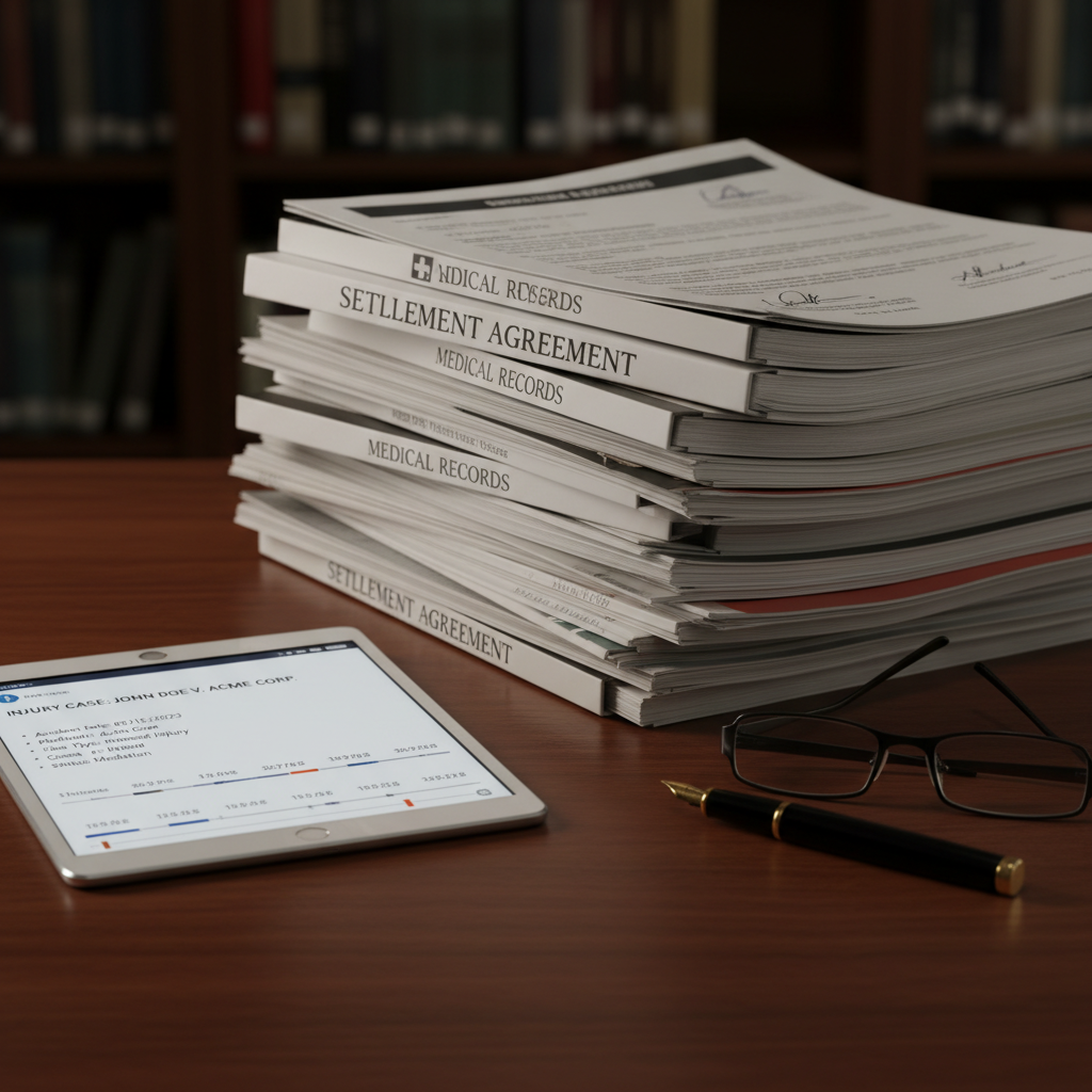 Accident case documents, medical records, and settlement papers on attorney desk