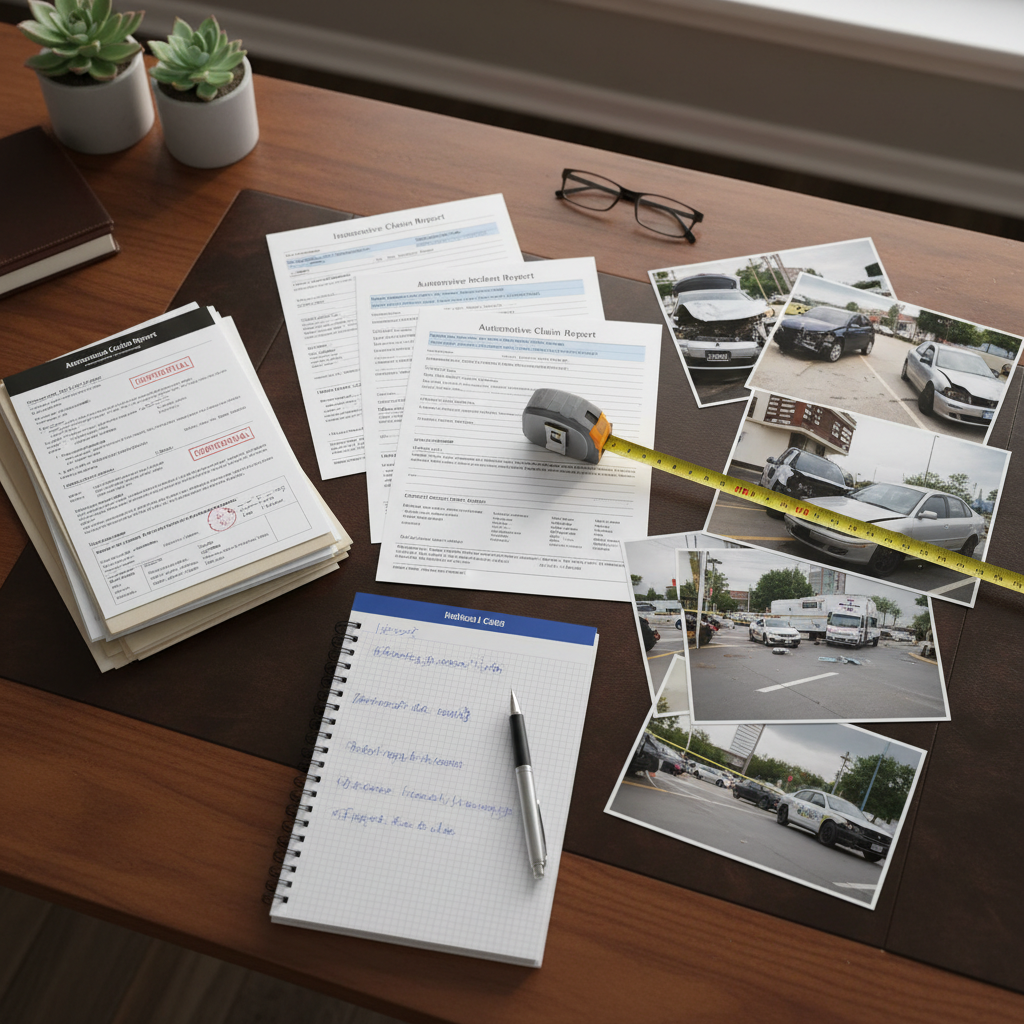 Accident claim documents including insurance forms and medical reports