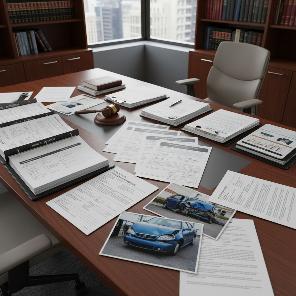 Accident legal documents including insurance claims, medical records, and accident reports on desk