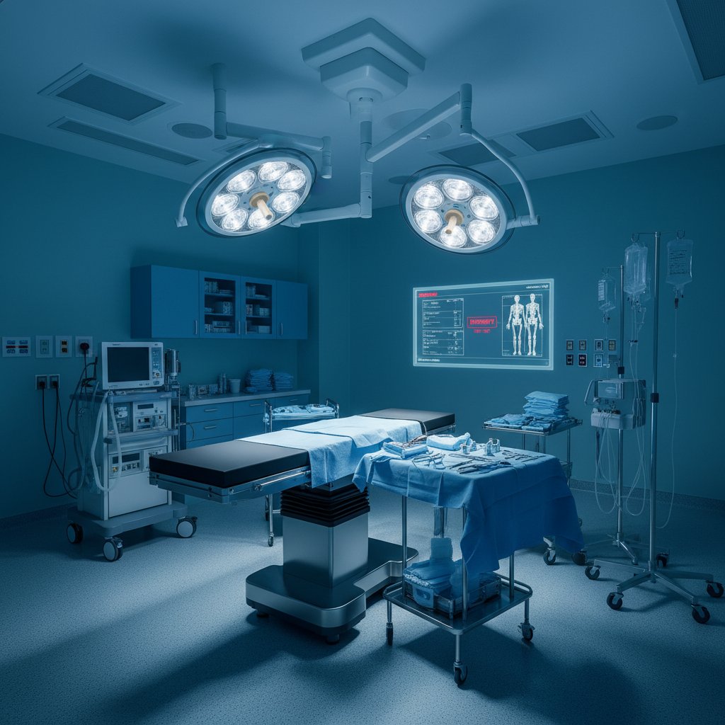 Modern hospital trauma center operating room with surgical lights overhead prepared for emergency amputation surgery