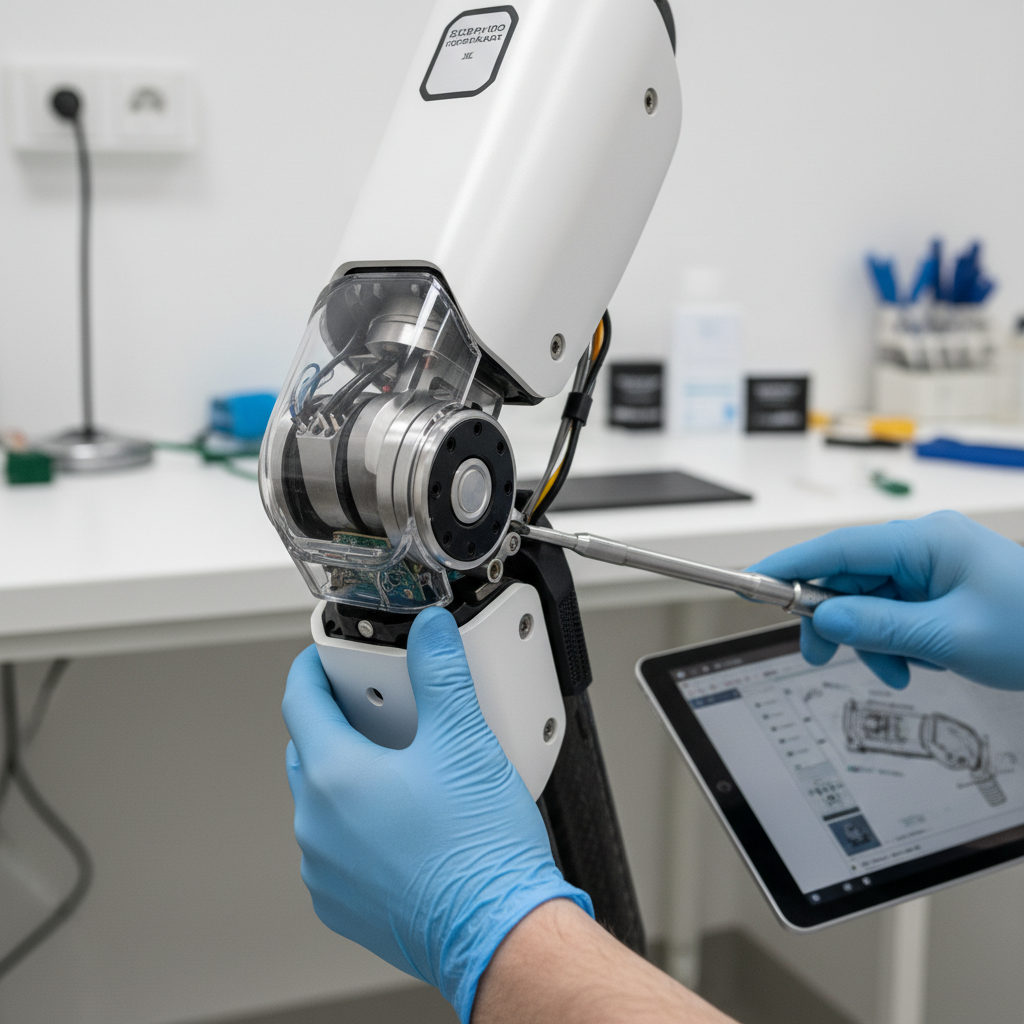 Prosthetic leg microprocessor technology being professionally fitted and adjusted by a prosthetist specialist