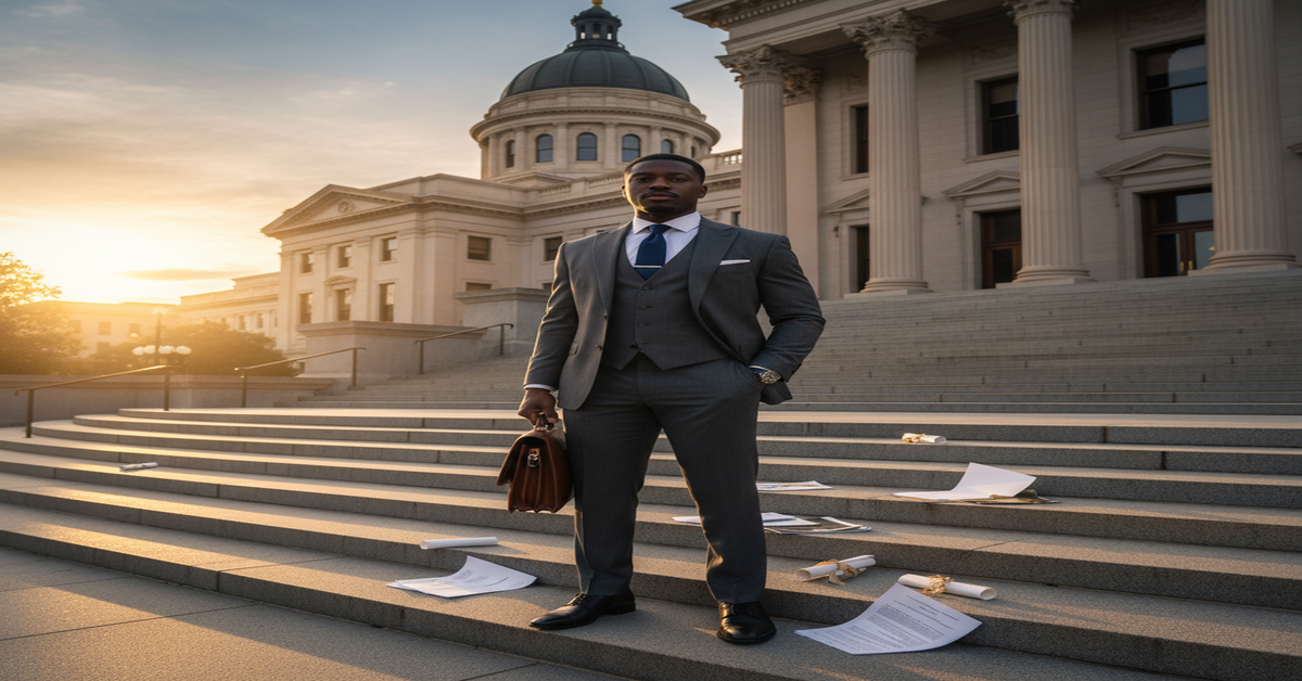 Professional Black attorney standing confidently on Atlanta courthouse steps with briefcase, representing the expertise of black accident lawyers in Atlanta