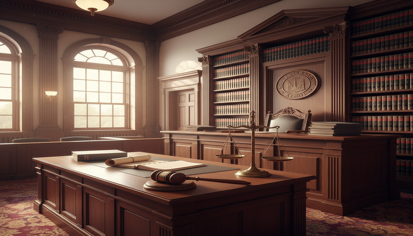 Formal Atlanta courtroom interior with gavel, scales of justice, and law books representing the Georgia legal system and injury litigation