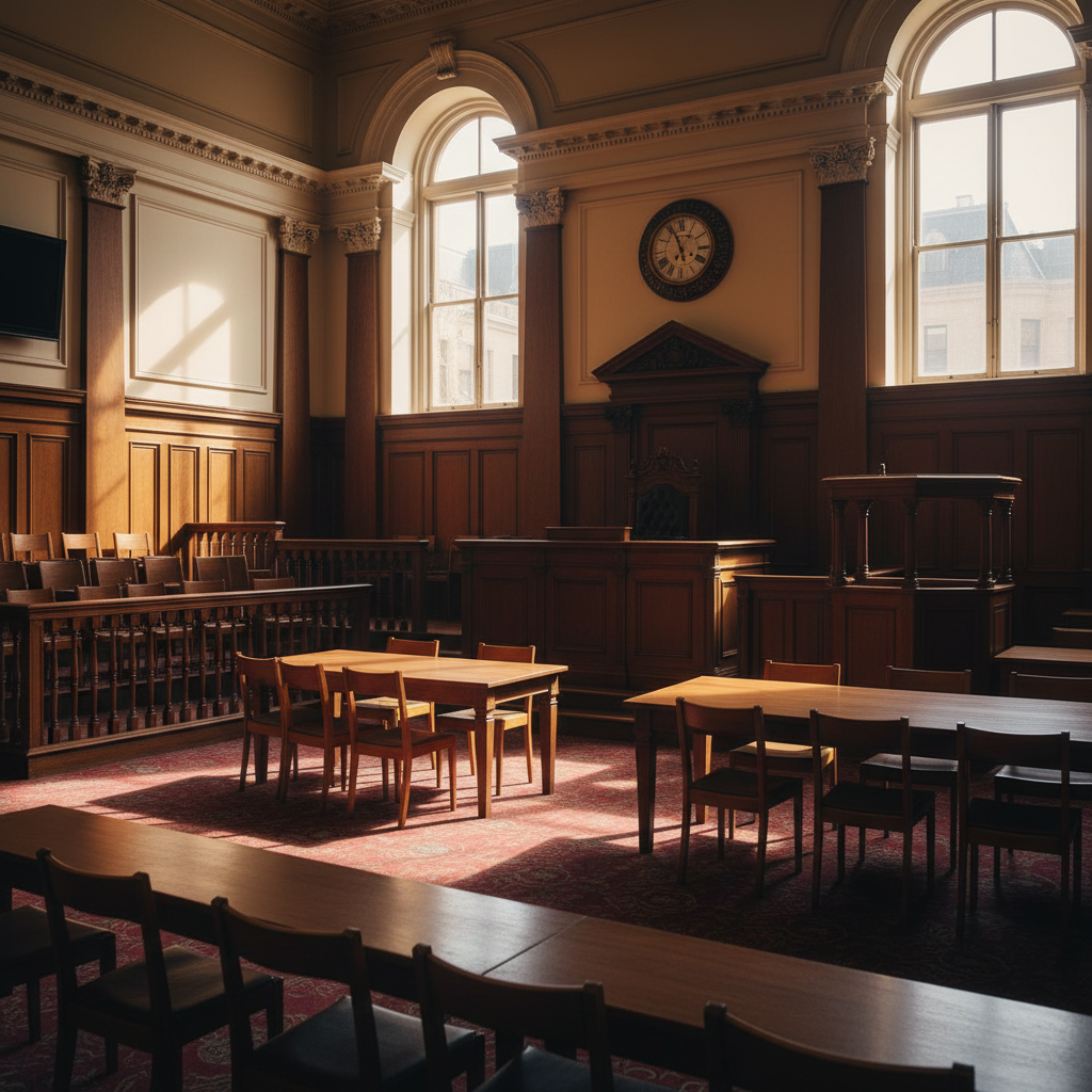 Professional courtroom setting in Atlanta with judge's bench and jury box representing trial representation and courtroom advocacy in wrongful death lawsuits