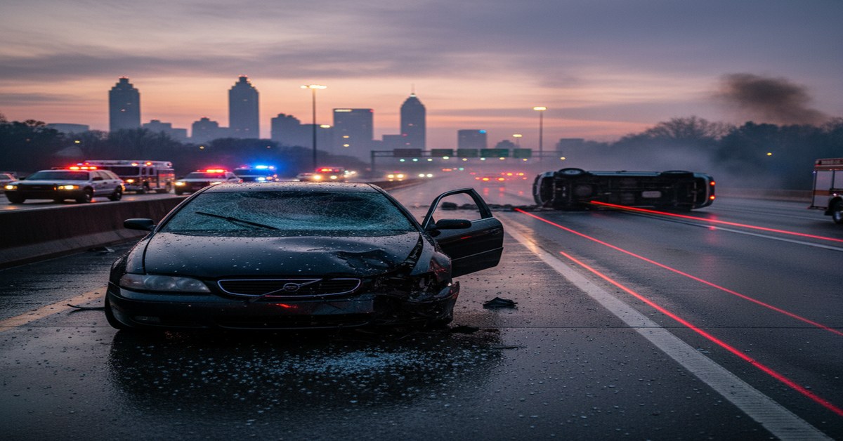 Atlanta eye injury attorney accident scene with shattered windshield and emergency lights