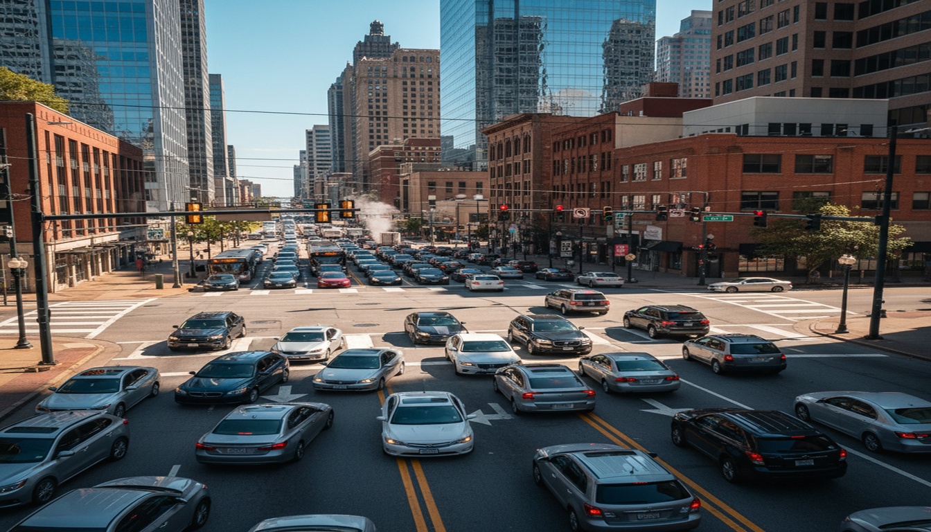Rideshare Accident Lawyer Atlanta: Getting Full Compensation After an Uber or Lyft Crash Busy Atlanta street intersection with heavy traffic showing the dangerous conditions where rideshare accidents occur
