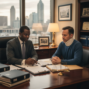 African American attorney consulting with injured client at law office desk with legal documents visible