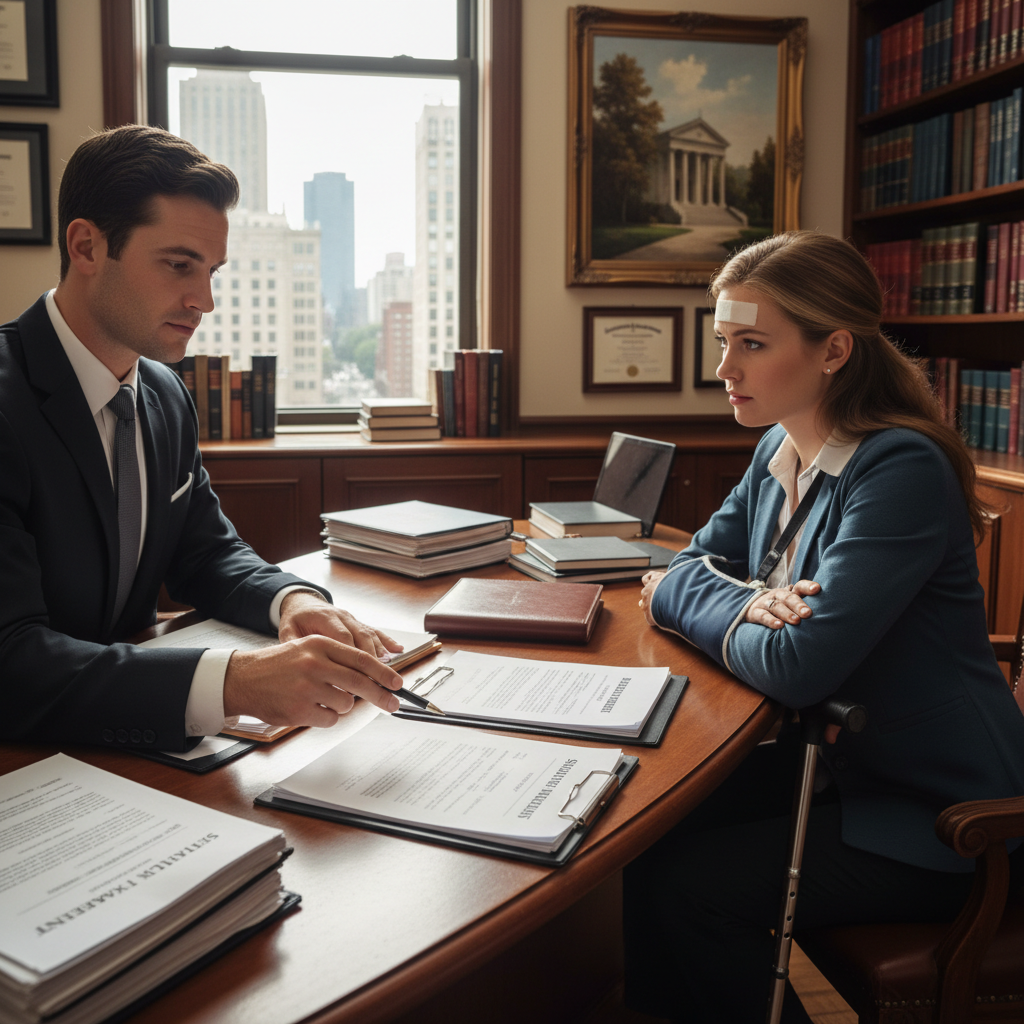 Bicycle Injury Lawyer: Getting Full Compensation for Your Cycling Accident Injury attorney reviewing settlement documents with injured cyclist client in professional law office
