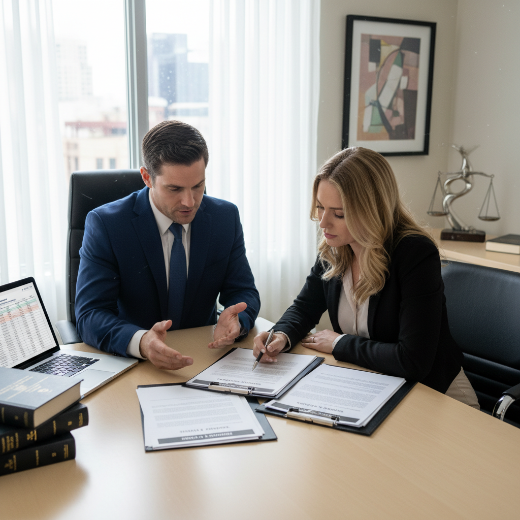 Professional attorney and client sitting at desk reviewing legal documents together in a modern office setting