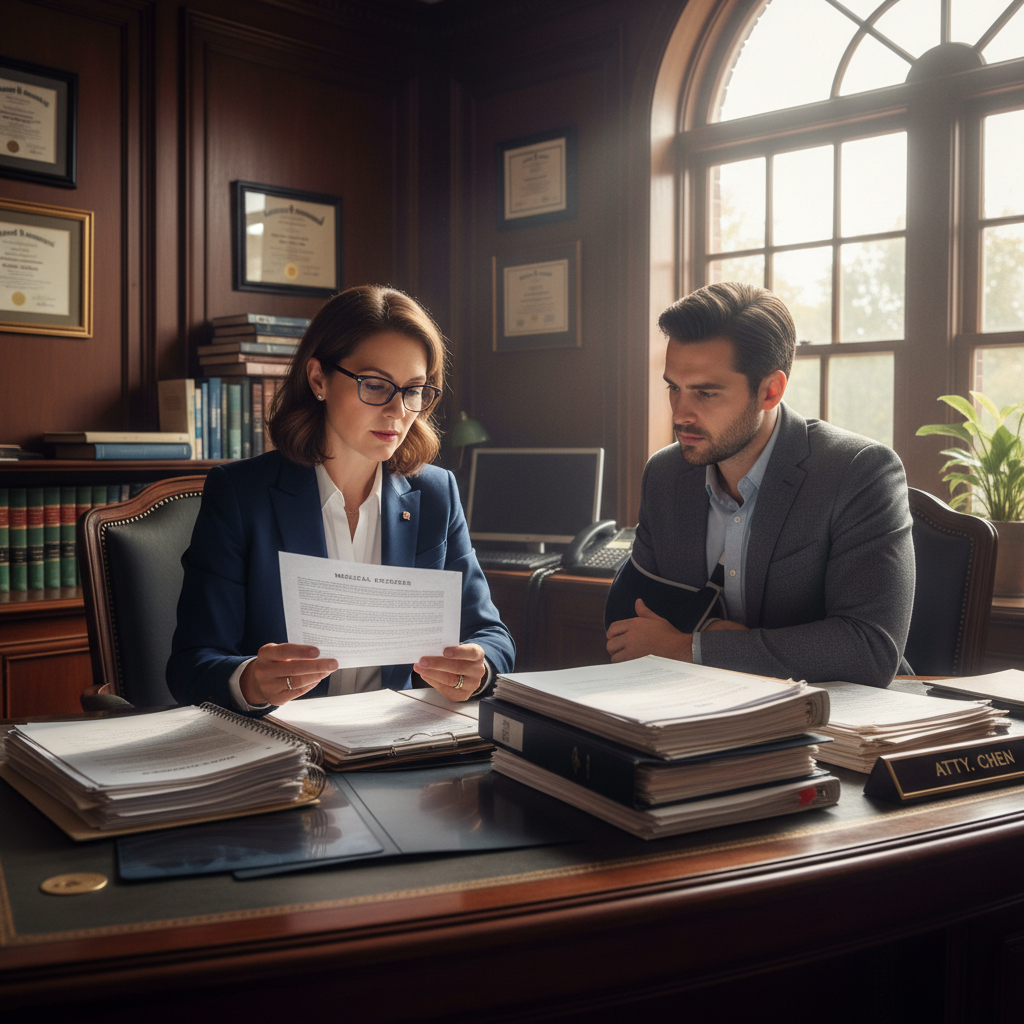Motorcycle Accident Lawyer Atlanta: Your Complete Guide to Full Compensation Personal injury lawyer consulting with motorcycle accident victim reviewing case files and medical records
