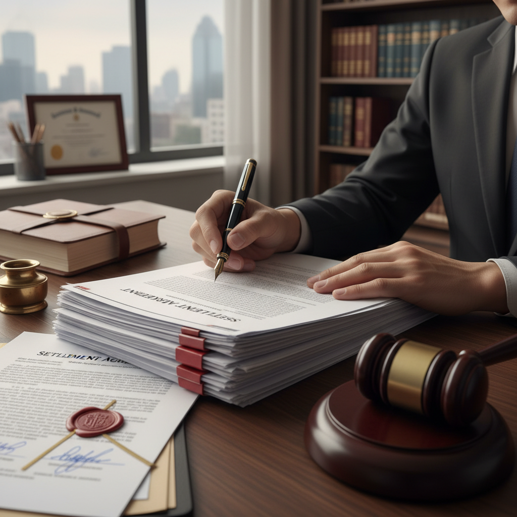 Attorney signing settlement documents with gavel indicating successful case resolution
