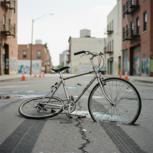 Atlanta Blog Attorney | Humphrey & Ballard Law Damaged bicycle lying on Atlanta street after vehicle collision showing broken frame and twisted handlebars