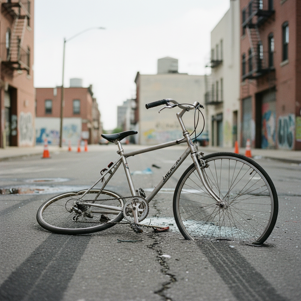 Damaged bicycle lying on Atlanta street after vehicle collision showing broken frame and twisted handlebars