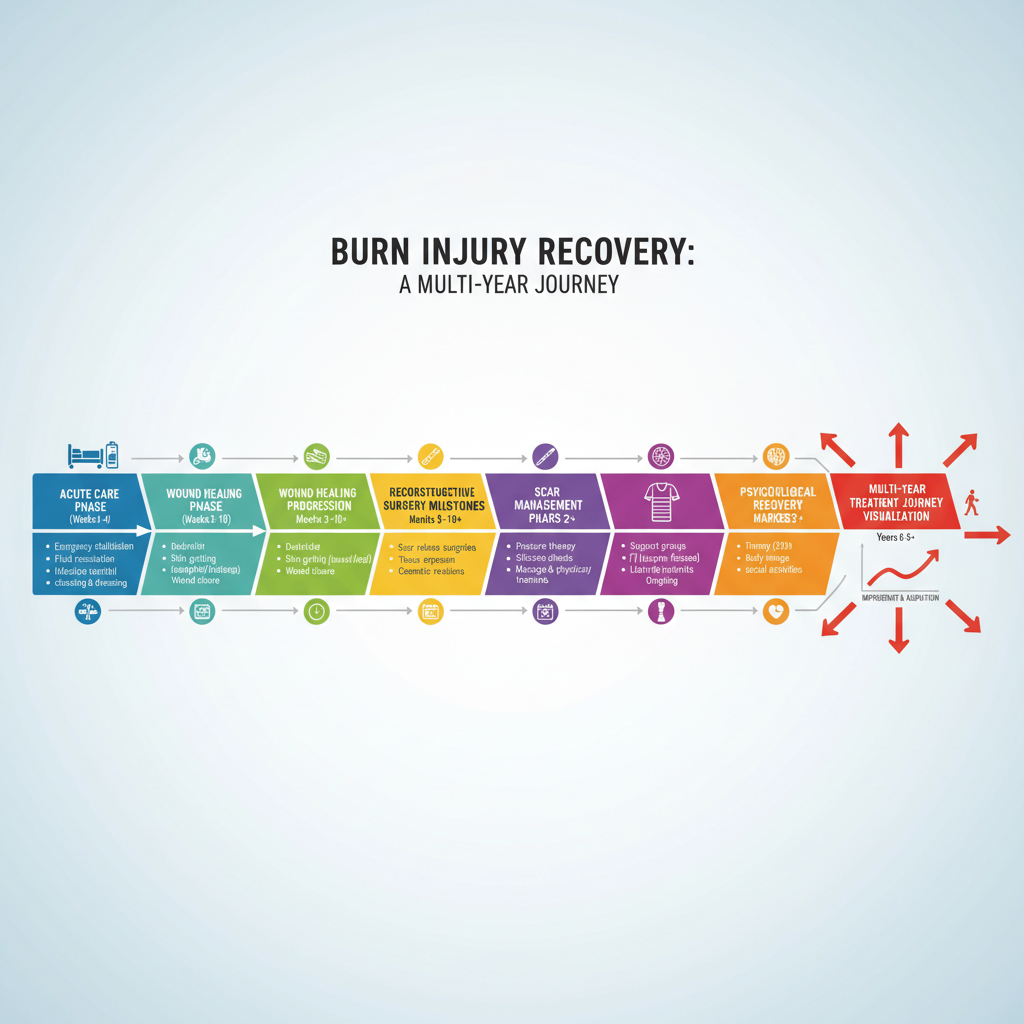 Multi-year burn injury recovery timeline showing acute care, wound healing, surgery, and rehabilitation stages