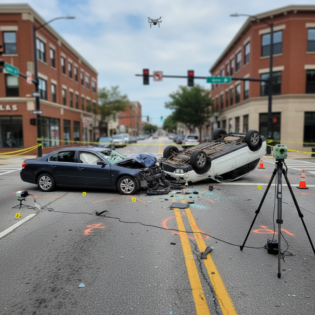 Car accident investigation scene with evidence documentation and police report