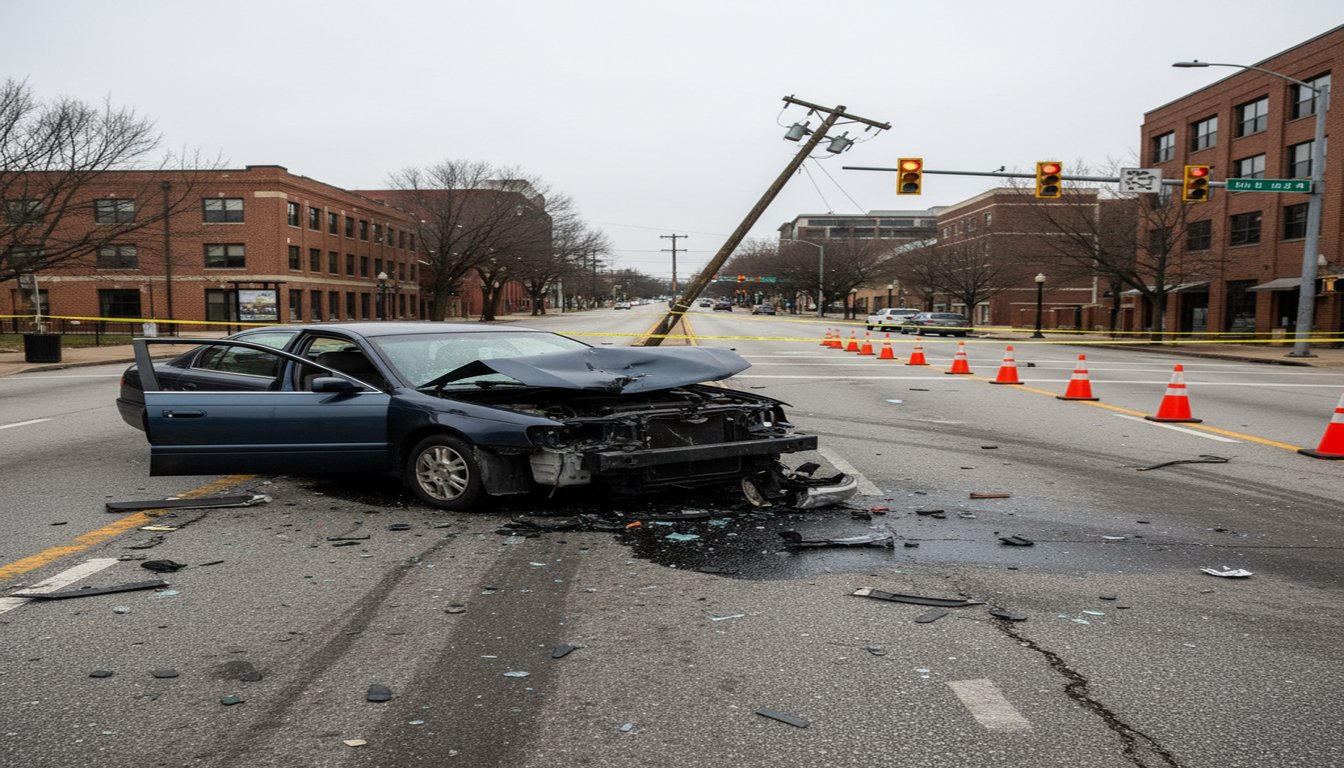 Damaged vehicle at accident scene documenting injury claim evidence