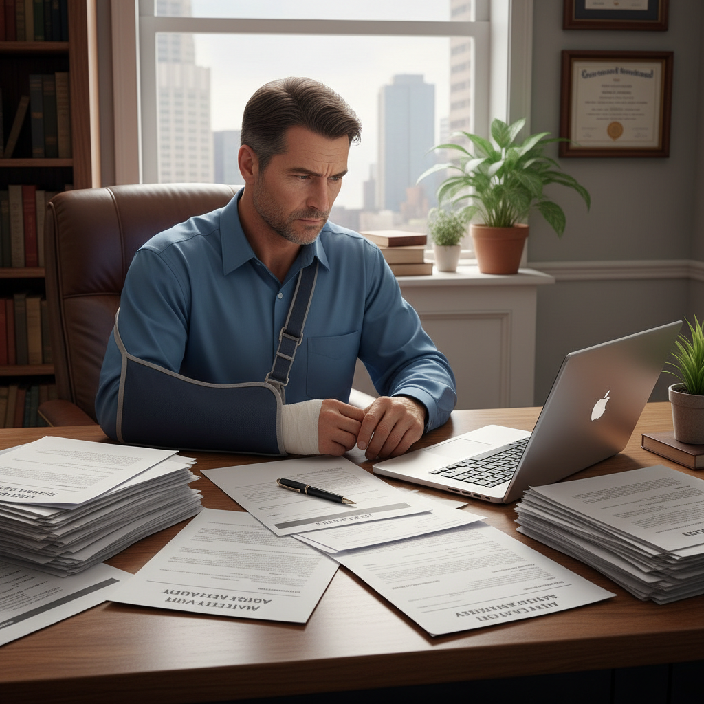 Construction accident victim reviewing medical records and legal claim documentation with attorney
