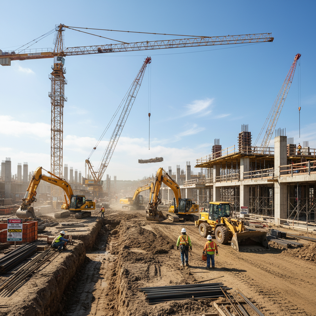 Active construction site with heavy equipment and multiple safety risks visible - Atlanta injury attorney