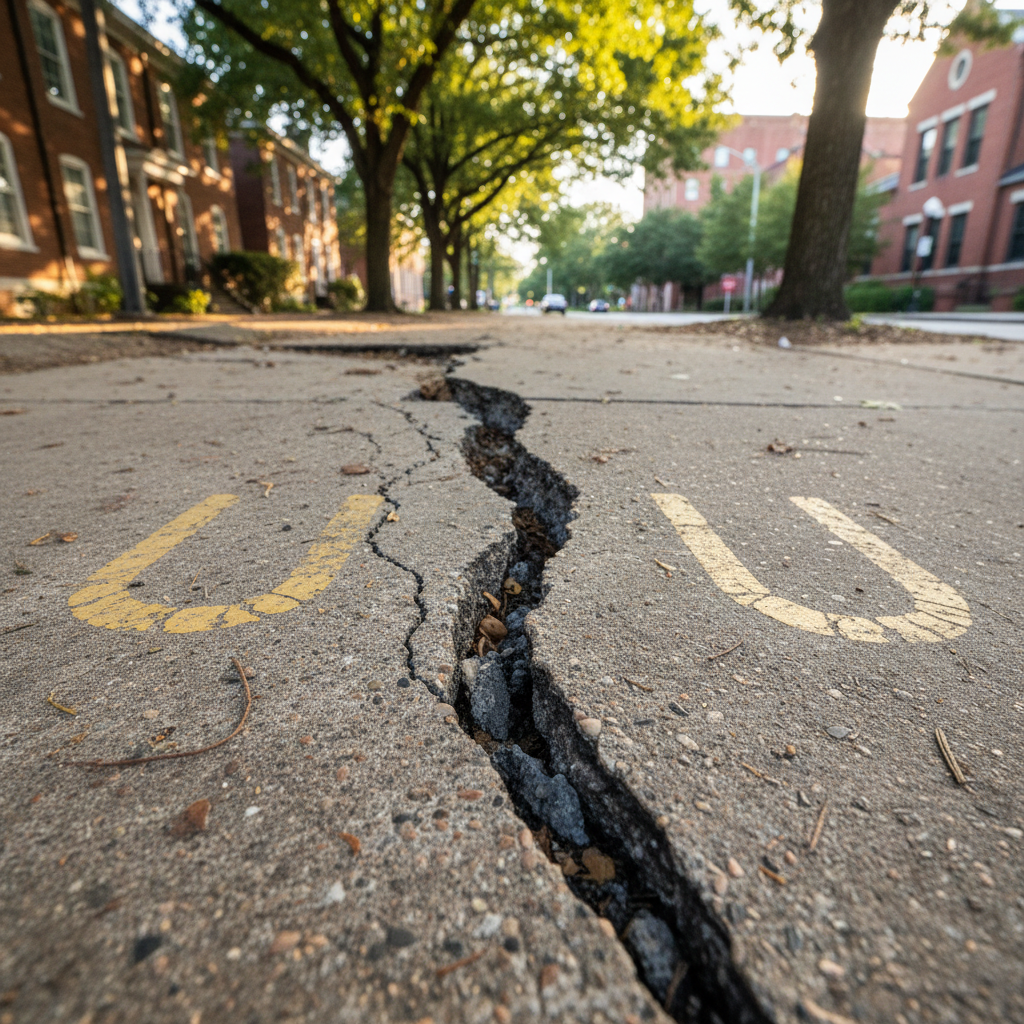 Deep fissure and uneven concrete sidewalk in Atlanta showing structural defect that causes pedestrian slip and fall injuries