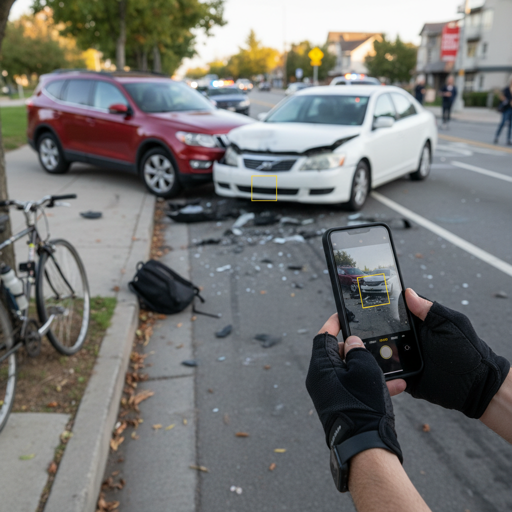 Bicycle Injury Lawyer: Getting Full Compensation for Your Cycling Accident Cyclist documenting accident scene with smartphone to gather evidence of damage and road conditions