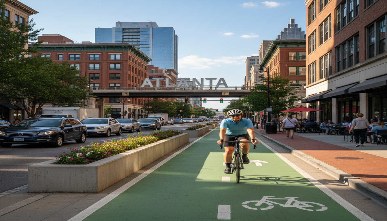 Cyclist riding on Atlanta street with traffic and bike lanes visible