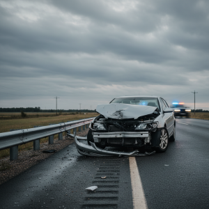 Damaged silver sedan with front-end crumpling and broken headlights on roadside after accident